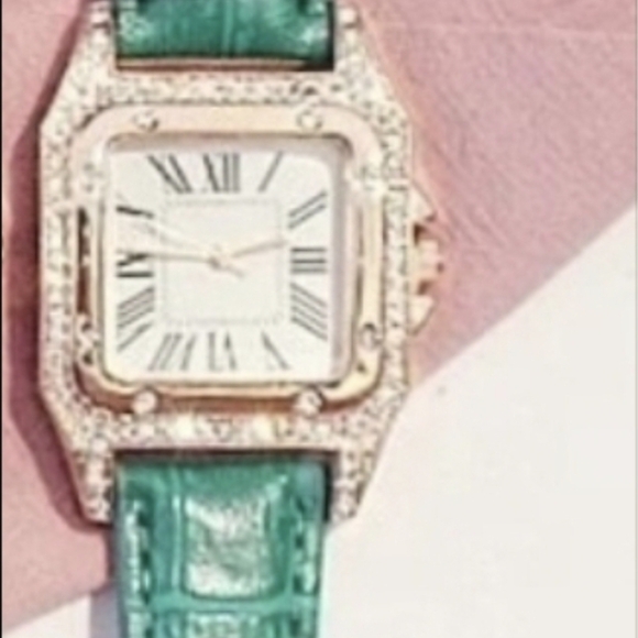 Watch & Rhinestone Bracelet Set~Green Band~New - Picture 2 of 10